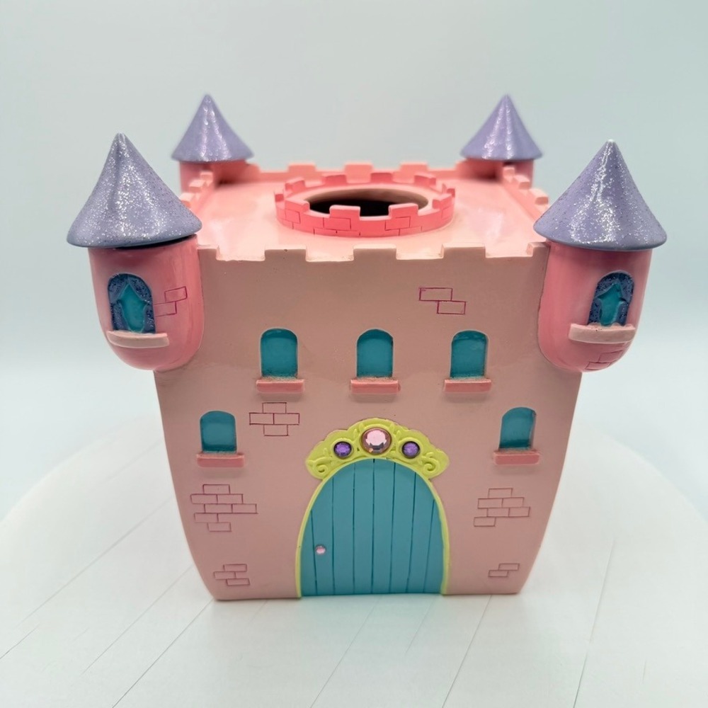 Pink Princess Castle Tissue Box Cover Glitter Turrets Resin Nursery Decor Square